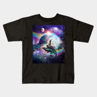 Llama Riding Rainbow Chameleon Lizard In Space Universe Kids T-Shirt